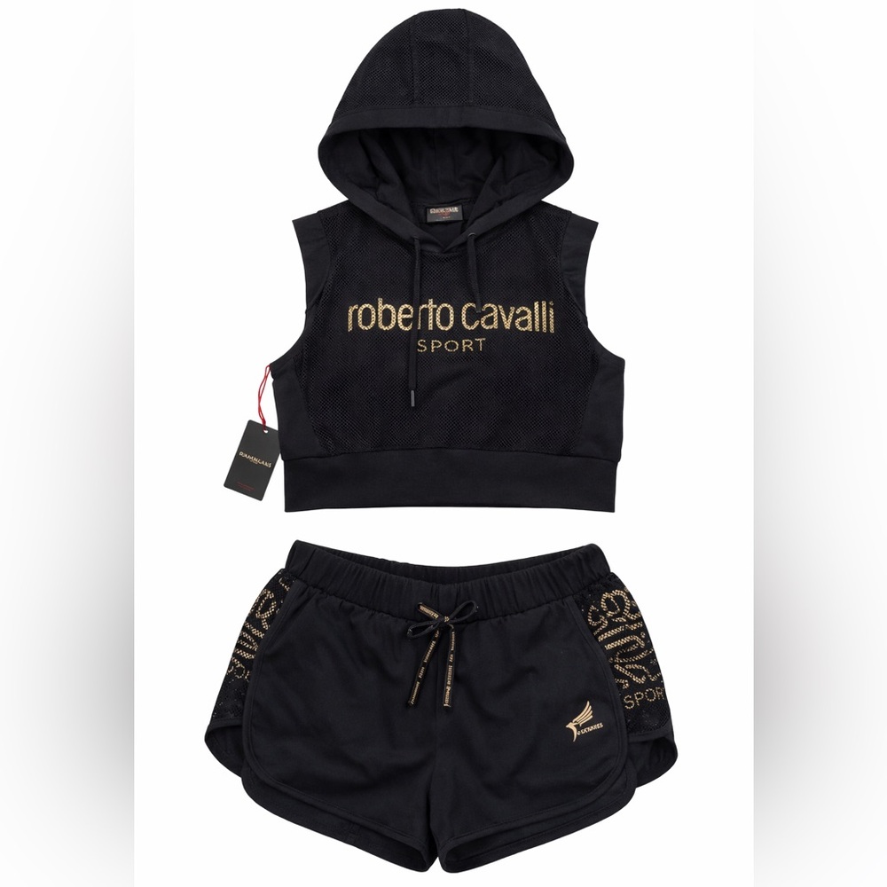Roberto Cavalli Sport short set with cropped sleeveless hoodie, sz S NWT